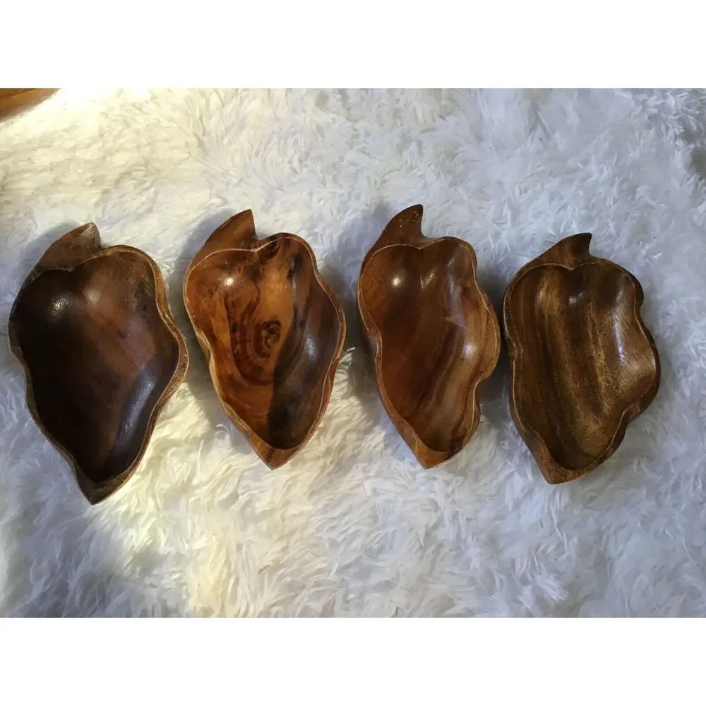 Mid Century Wooden Leaf Salad Bowl Set 5 Pc Vintage Primitive Serving Bowls